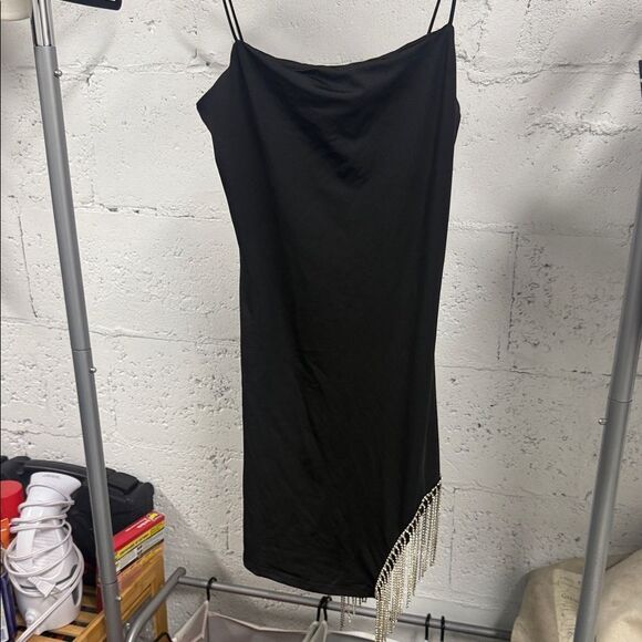 Elegant Black Dress Rhinestrone Fringe Detail Spaghetti Strap Mini Dress Medium - Picture 1 of 3